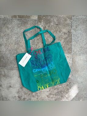 See by Chloe Teal Logo Print Canvas Tote Bag